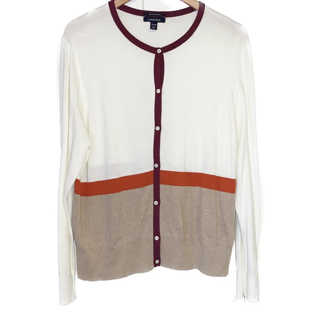 Lands End cardigan white-rust-tan cotton XL 18.